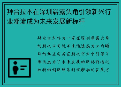 拜合拉木在深圳崭露头角引领新兴行业潮流成为未来发展新标杆