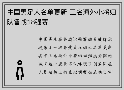 中国男足大名单更新 三名海外小将归队备战18强赛 中国男足大名单更新 三名海外小将归队备战18强赛